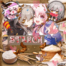 a picture of three anime girls with the word starch written on it