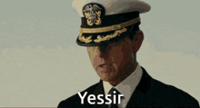 a man in a military uniform salutes with the word yessir written below him