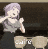 a girl with purple hair is dancing in front of chairs and the word claire is on the bottom .