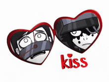 two heart shaped buttons with cartoon faces and the word kiss below them