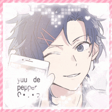 a drawing of a boy holding a cell phone with the words yuu de pepper written on it