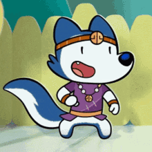 a cartoon drawing of a wolf wearing a purple shirt and a necklace