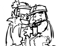 a black and white drawing of two soldiers standing next to each other holding a gun .