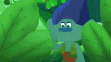 a troll with blue hair and a blue mustache is standing in a forest