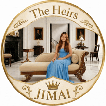 a woman in a blue dress sits on a chaise lounge with the words " the heirs " written on the top