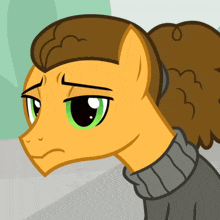 a cartoon pony with a ponytail and a sweater on