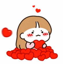 a cartoon girl is holding a heart in her hands surrounded by red hearts .
