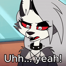 a cartoon of a wolf with red eyes and the words uhh yeah on the bottom
