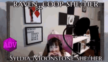 a woman wearing headphones sits in front of a microphone with the words raven coop she her syldia moonstone she her