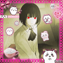 a picture of a girl with black hair and red eyes is surrounded by pink stickers and a cup of whipped cream