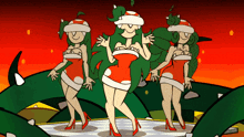 a cartoon drawing of three women with green hair and red heels