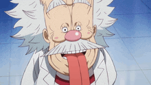 a cartoon drawing of a man with a pink nose sticking out his tongue