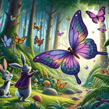 a rabbit and a purple butterfly in a forest