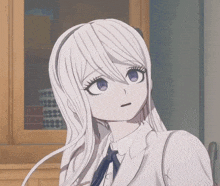 a girl with long white hair and purple eyes looks at the camera