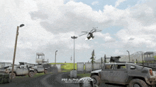 a helicopter is flying over a military base with the words pre-alpha footage on the bottom