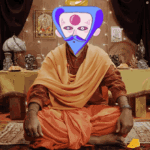 a man with a blue mask on his face sits in front of a table
