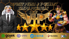 a poster that says deposit pulsa and e-wallet tanpa potongan 100 %