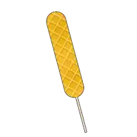 a yellow waffle on a stick with a wooden stick
