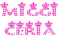 the letters miggi and ceria with crowns and hearts