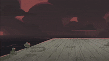 a cartoon character is flying through the air in front of a raft