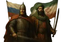 a painting of a man holding a sword next to a man holding a flag