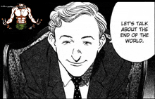 a man in a suit and tie is sitting in a chair with a speech bubble that says let 's talk