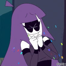 a cartoon of a girl with purple hair and a mask with the letters picmix on the bottom right