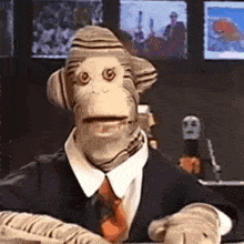 a stuffed monkey in a suit and tie is holding a newspaper