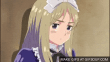 a blonde anime girl with long hair is wearing a maid outfit and a headband .