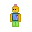 a pixel art drawing of a lego man with a blue shirt and green pants .