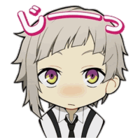 a cartoon drawing of a boy with purple eyes and the letter j on his head