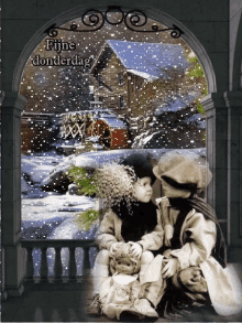 a picture of two children sitting in front of a window with the words fijne donderdag written above them
