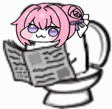 a pink haired girl is sitting on a toilet reading a newspaper .