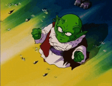 a cartoon character with a green head and green arms is standing in a field