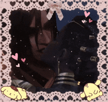 a picture of a man kissing another man surrounded by hearts and pom poms