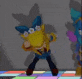 a cartoon character is dancing on a colorful floor