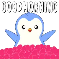 a penguin with a heart in its mouth and the words good morning