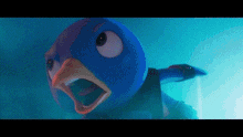 a blue bird with a yellow beak is screaming in the dark