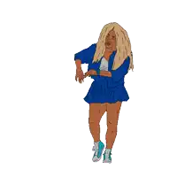 a cartoon drawing of a woman wearing a blue skirt and blue sneakers