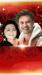 a picture of a man and a woman with red roses in the background