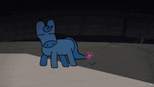 a cartoon drawing of a blue donkey with a pink flower in its mouth