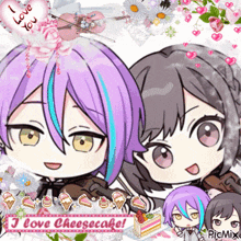 a picture of a couple of anime characters with the words i love cheesecake on the bottom