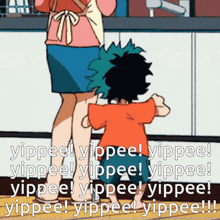 a cartoon of a woman holding a child 's hand with the words " yippee ! yippee ! "