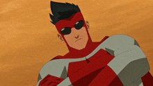 a cartoon character wearing sunglasses and a red and white costume