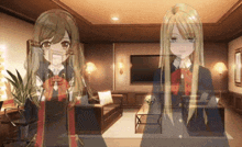 two anime girls are standing in a living room with a tv