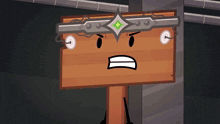 a cartoon drawing of a wooden sign with a crown on its head