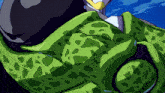 a close up of a cartoon character 's green and purple skin