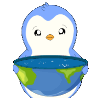 a penguin is holding a bowl of water with its tongue out