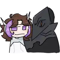 a drawing of a girl with purple hair standing next to a black character