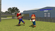 two mario characters are standing in front of temporary house 1 smg4